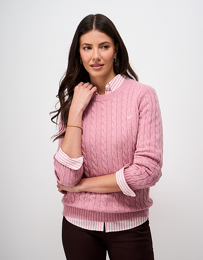 Merino Blend Cable Knit Crew Neck Jumper in Pink