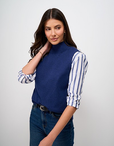 Harmony Merino Wool Blend Funnel Neck Layering Vest in Blue
