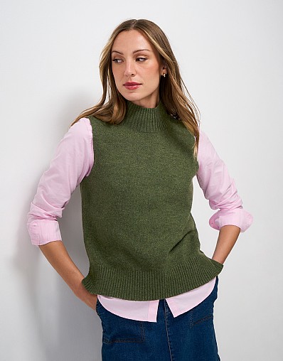 Harmony Merino Wool Blend Funnel Neck Layering Vest in Dark Green