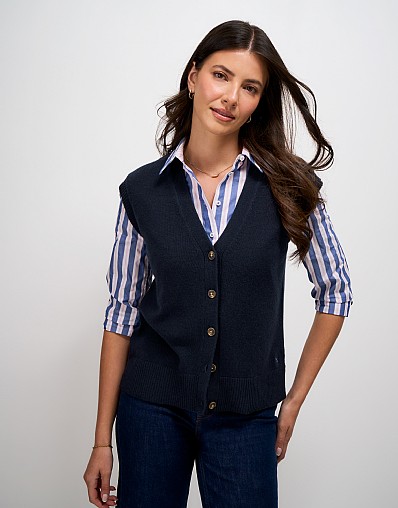 Merino Blend Button Through V-Neck Vest in Navy Blue
