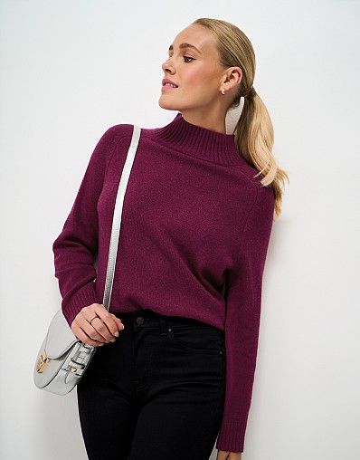 Merino Blend Saddle Shoulder Funnel Neck Jumper in Cherry Red