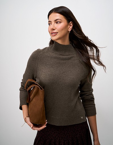 Merino Blend Saddle Shoulder Funnel Neck Jumper in Brown