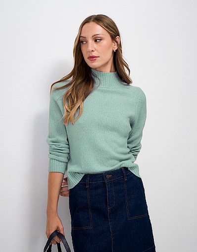 Merino Blend Saddle Shoulder Funnel Neck Jumper in Blue