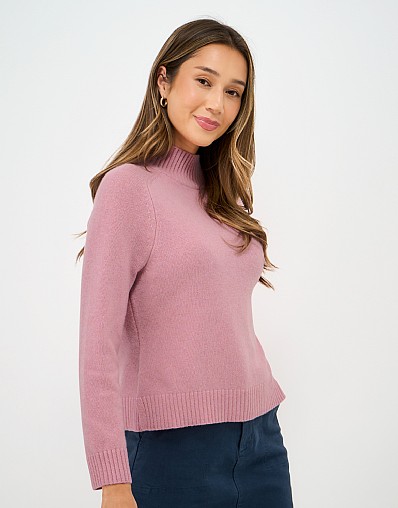 Merino Blend Saddle Shoulder Funnel Neck Jumper in Pink