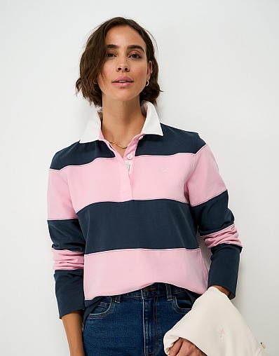 Cotton Cut and Sew Rugby Shirt in Navy and Pink Stripe