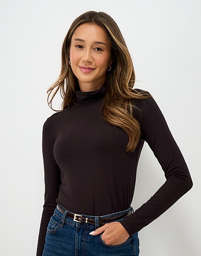 Modal Blend Second Skin Roll Neck in Dark Brown