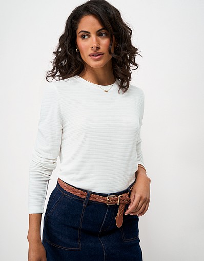 Textured Stripe Long Sleeve Top in White