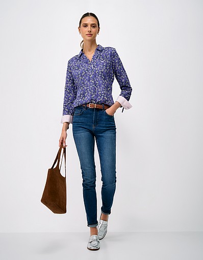 Cotton Jersey Shirt in Blue Cherry Blossom Print