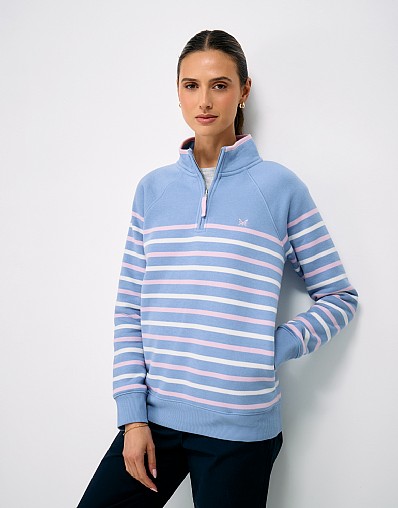 Half Zip Sweatshirt in Blue with Pink and White Stripes