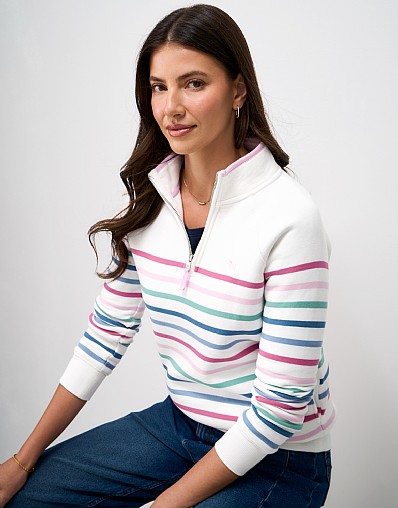 Half Zip Sweatshirt in White with Multicolour Stripes