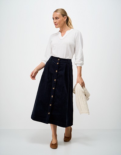 Ella Cord Midi Skirt in Navy Blue
