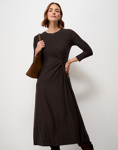 Aria Twist Waist Jersey Dress in Brown Leopard Print
