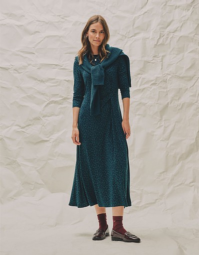 Aria Twist Waist Jersey Dress in Teal Leopard Print
