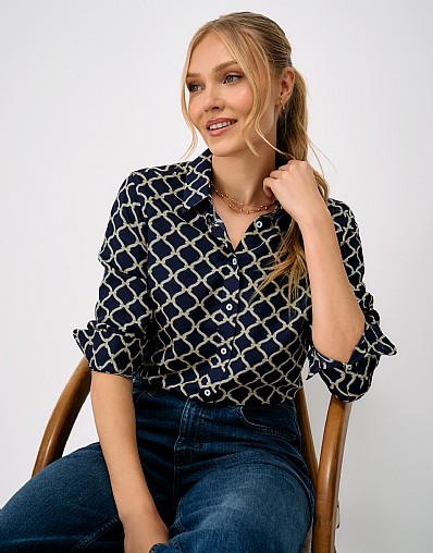 Viscose Twill Drapey Shirt in Navy Rope Print