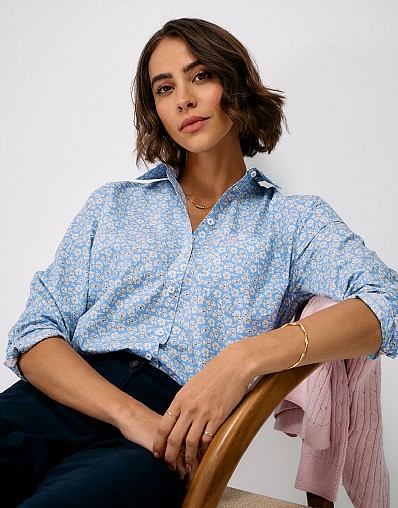 Relaxed Fit Cotton Poplin Shirt in Blue and White Floral