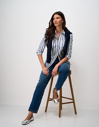 Relaxed Fit Cotton Poplin Shirt in Blue and White Stripe