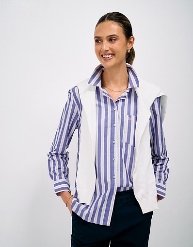 Relaxed Fit Cotton Poplin Shirt in Blue and White Stripe