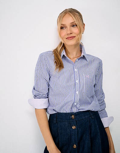 Relaxed Fit Cotton Poplin Shirt in Falmouth Blue and White Stripe