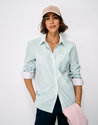 Relaxed Fit Cotton Poplin Shirt in Green and White Stripe