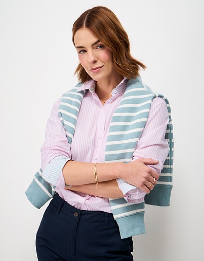 Relaxed Fit Cotton Poplin Shirt in Pink and White Stripe