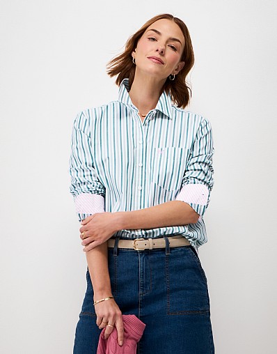 Relaxed Fit Cotton Poplin Shirt in White and Teal Stripe