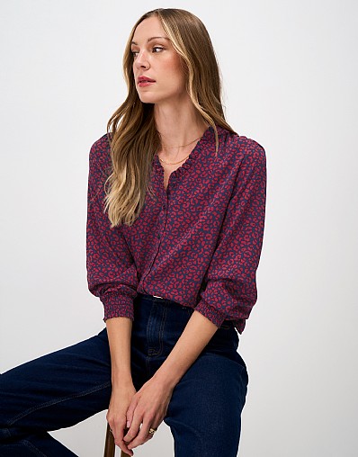 Celeste Frill Neck Blouse in Navy and Red Leopard Print