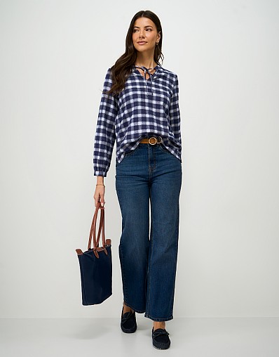 Cotton Flannel Blouse in Navy and White Check