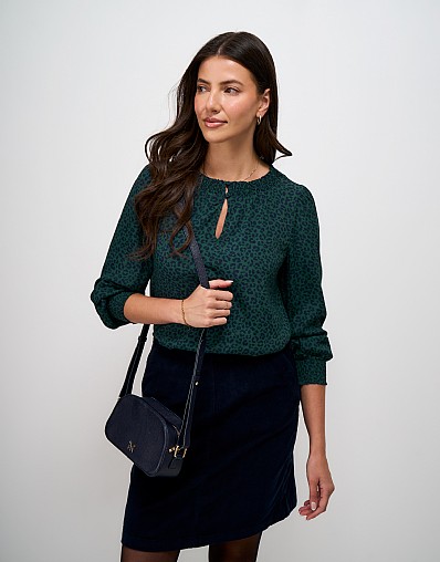 Darla Long Sleeve Blouse in Teal Leopard Print