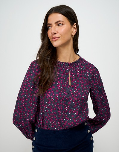 Darla Long Sleeve Blouse in Navy and Pink Blossom