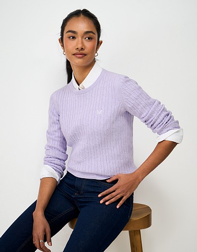Cotton and Cashmere Cable Knit Crew Neck Jumper in Lilac Marl