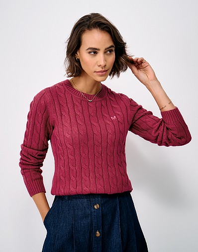 Heritage Chunky Cable Crew Neck in Cerise Marl