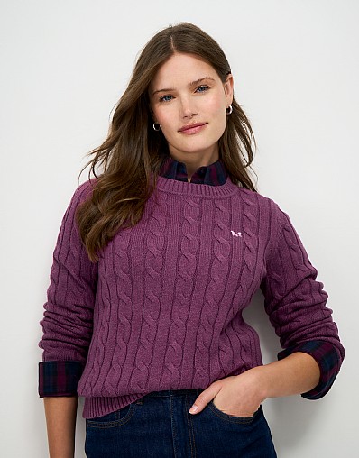 Heritage Cotton-Cashmere Cable Knit Jumper in Purple Marl
