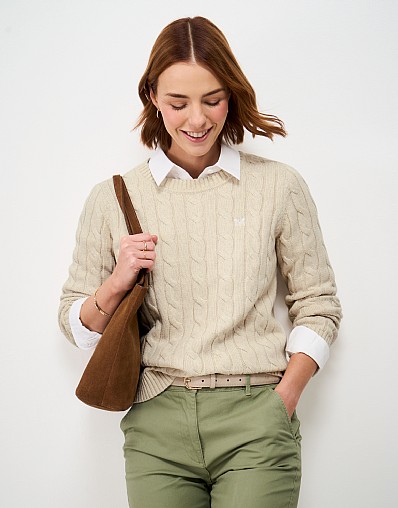 Heritage Cotton-Cashmere Cable Knit Jumper in Oatmeal Marl