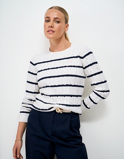 Heritage Chunky Cable Crew Neck in White & Navy Stripes