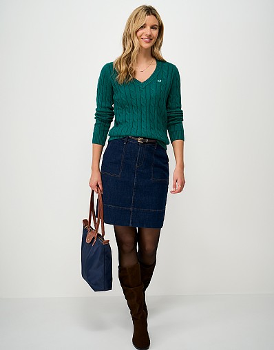 V-Neck Cotton-Cashmere Cable Knit Jumper in Deep Teal Marl