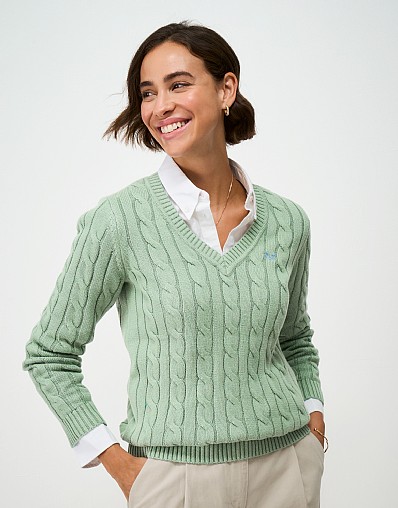 V-Neck Cotton-Cashmere Cable Knit Jumper in Sage Green