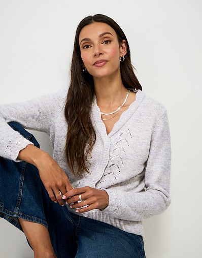 Lace Trim V-Neck Cardigan in Grey