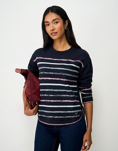 Melody Curved Hem Jumper in Navy Stripe