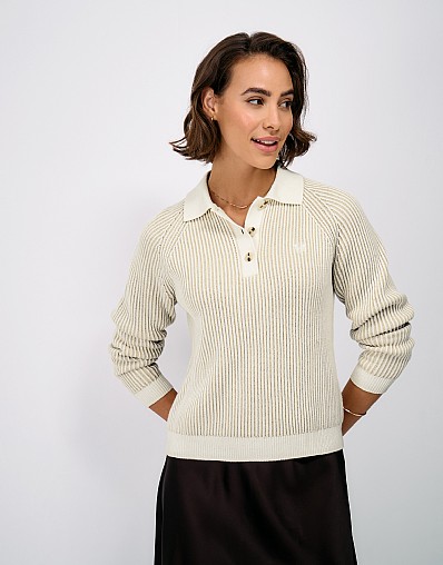 Plaited Rib Cotton Rugby Jumper in Beige and White