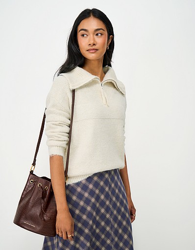 Striped Quarter Zip Jumper in Neutral Beige