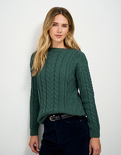 Boat Neck Multi Cable Jumper in Deep Green