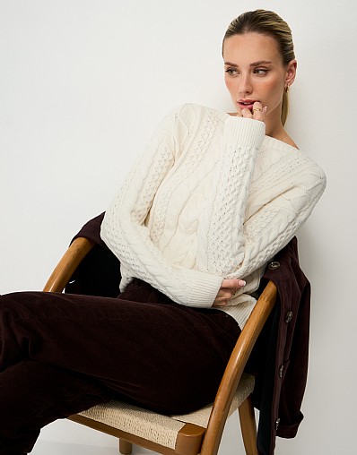 Boat Neck Multi Cable Jumper in Off-White