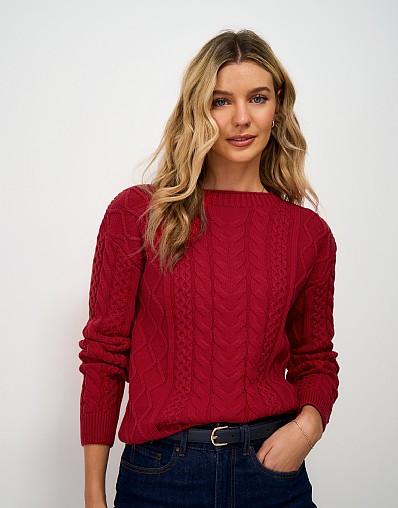 Boat Neck Multi Cable Jumper in Red