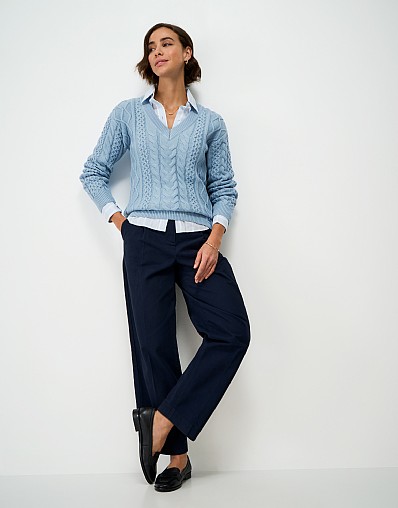 Multi Cable V Neck Jumper in Blue