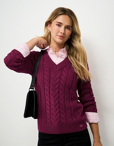 Multi Cable V Neck Jumper in Red