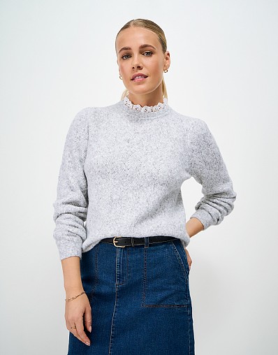 Broderie Pointelle Knit Jumper in Grey Marl