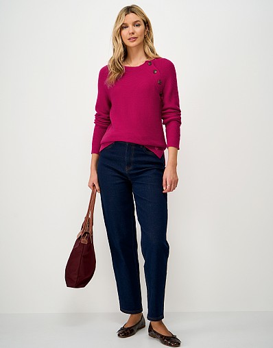 Harmony Merino Wool Blend Button Shoulder Jumper in Bright Pink
