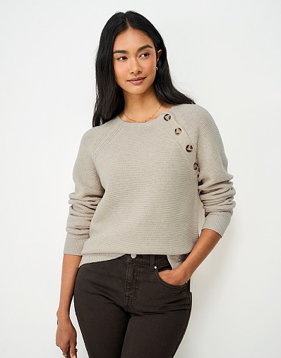 Harmony Merino Wool Blend Button Shoulder Jumper in Oatmeal