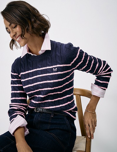 Heritage Cable Crew Neck Jumper in Navy and Pink