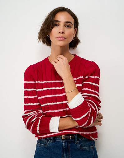 Heritage Cable Crew Neck Cotton Jumper in Red, White & Pink Stripe